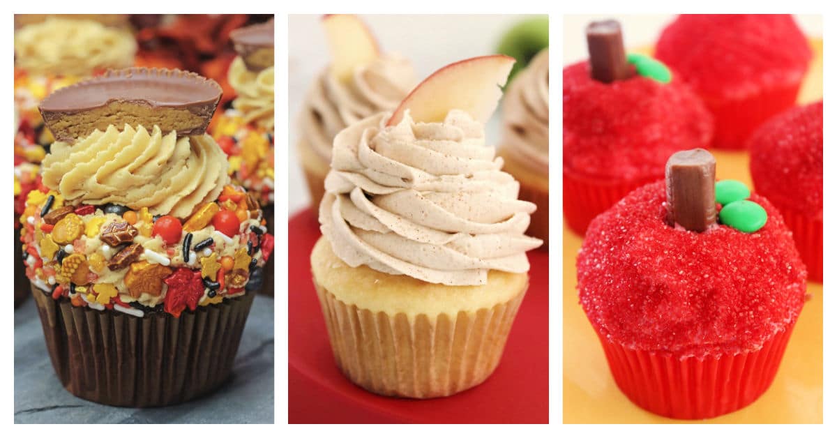 Featured fall cupcakes including chocolate cupcakes with peanut butter frosting, apple filled cupcakes, and apple decorated cupcakes.