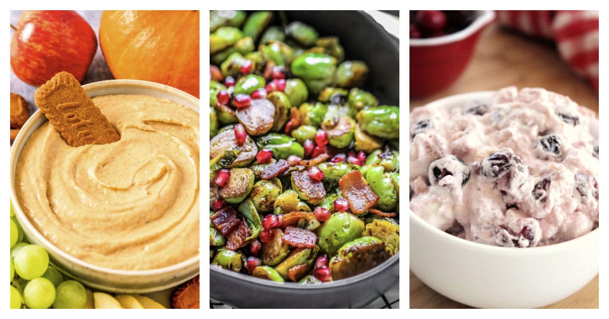 Featured Thanksgiving recipes including pumpkin cream cheese dip, bacon and pomegranate roasted brussels sprouts, and cranberry fluff salad.