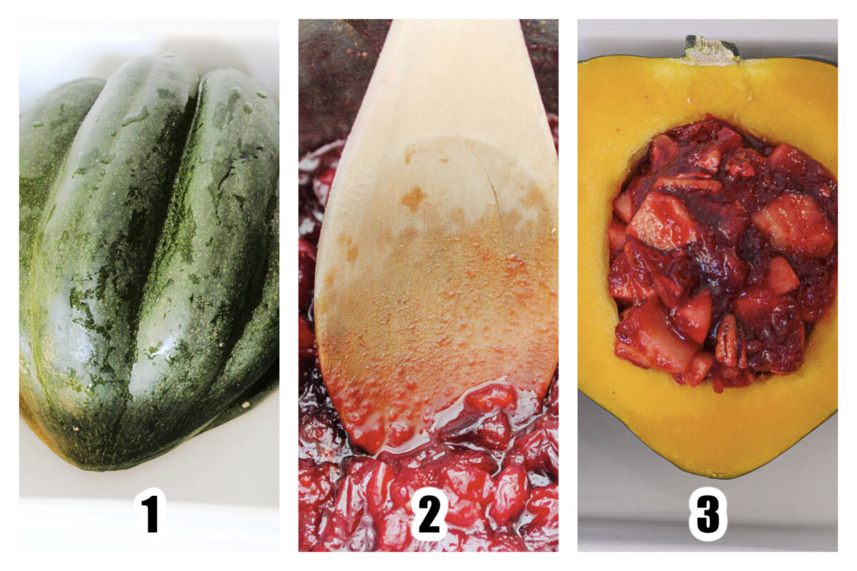 Acorn squash baking in a shallow baking dish with water, then cranberry sauce made and stuffed into the cooked squash halves.