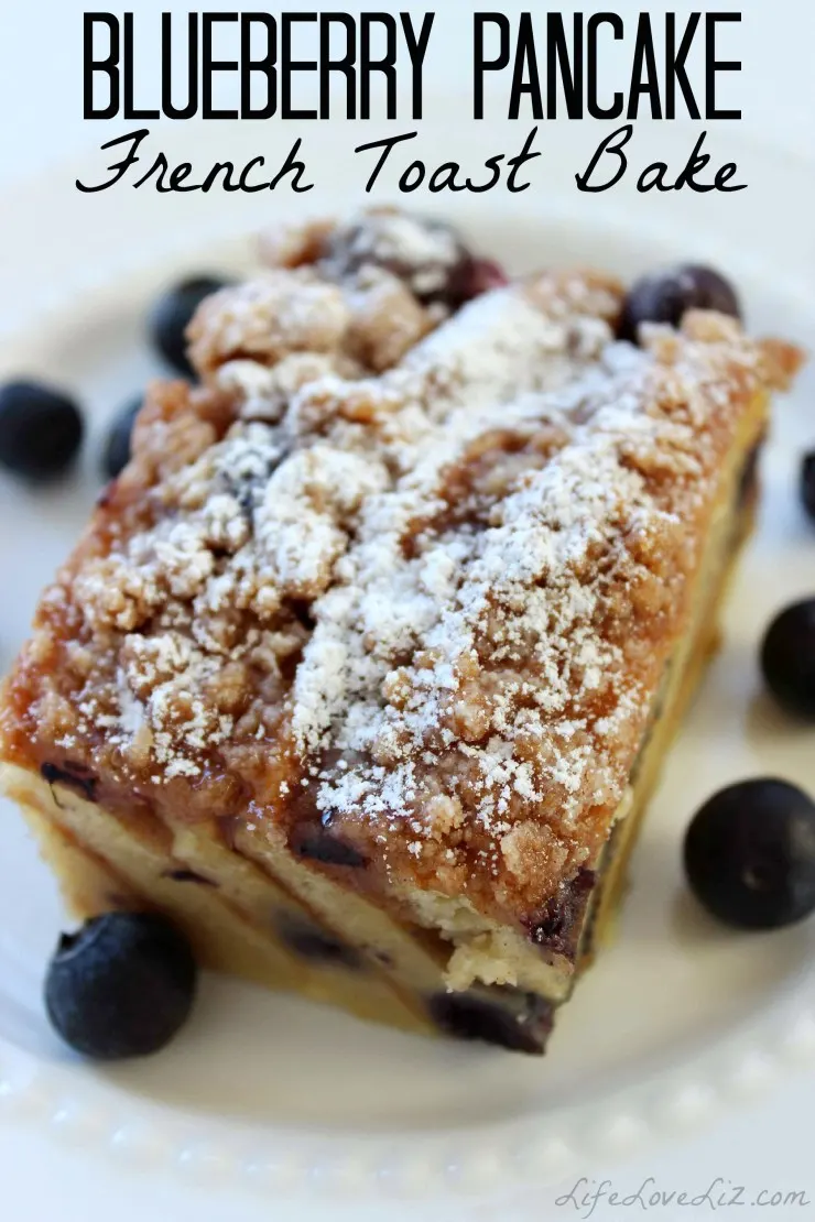 Looking for a great new breakfast recipe? Check out this sumptuous Blueberry Pancake French Toast Bake! Pancakes, a French Toast Mixture, Blueberries and a delicious crumble topping. You could even eat this as dessert, it is that good!