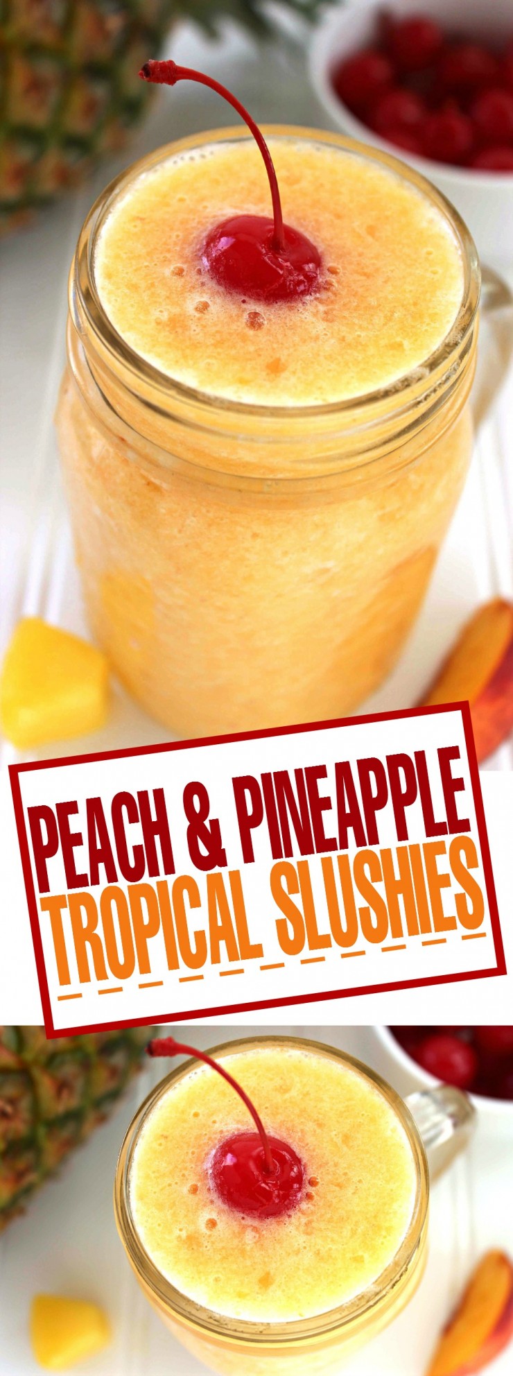 With summer on the way, these Peach & Pineapple Tropical Slushies are the perfect drink to help you cool down.