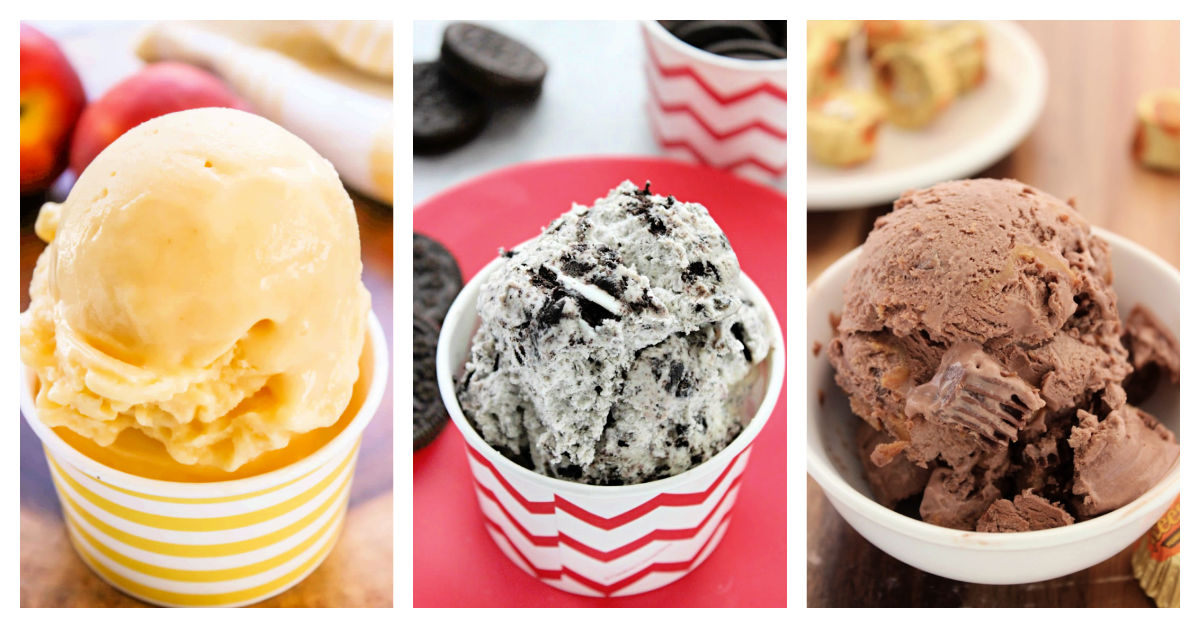 Featured ice cream recipes including blender peach ice cream, no churn oreo ice cream, peanut butter cup ice cream.