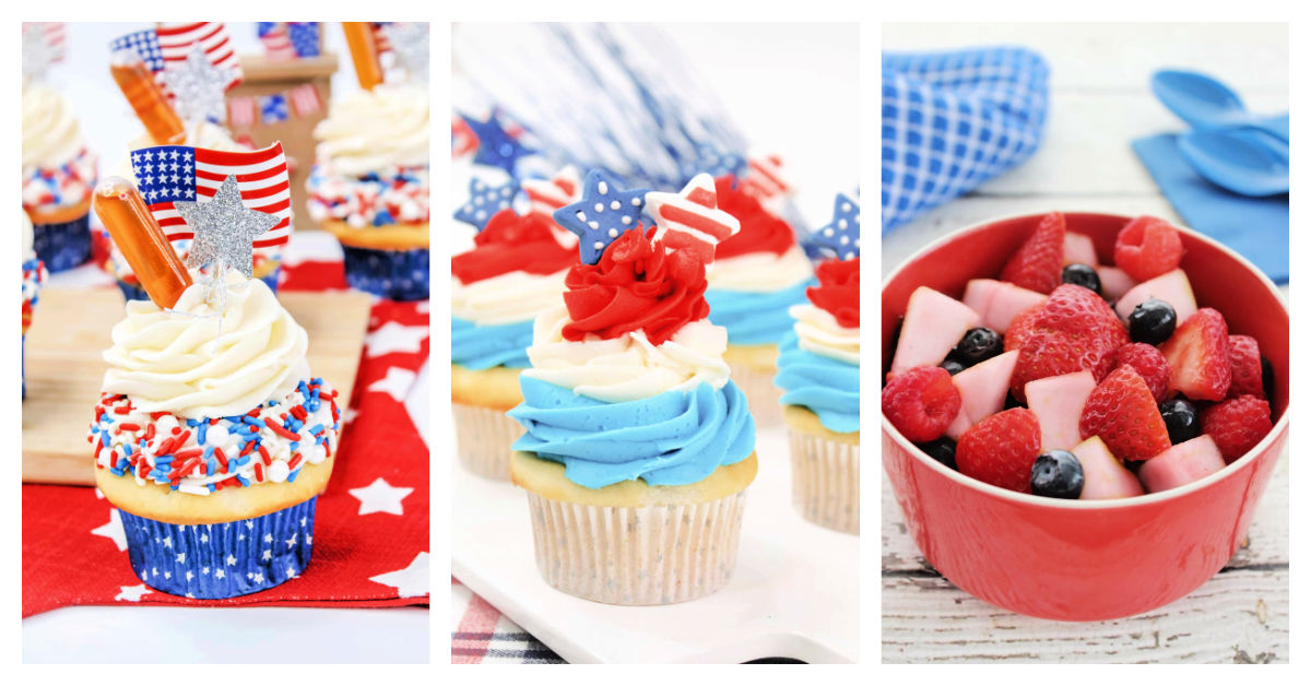 Featured patriotic recipes including American Honey cupcakes, bomb pop cupcakes, and red white and blue fruit salad.