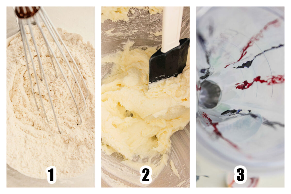 Image showing dry ingredients combined together, frosting being prepared, and piping bag prepared with gel colouring.