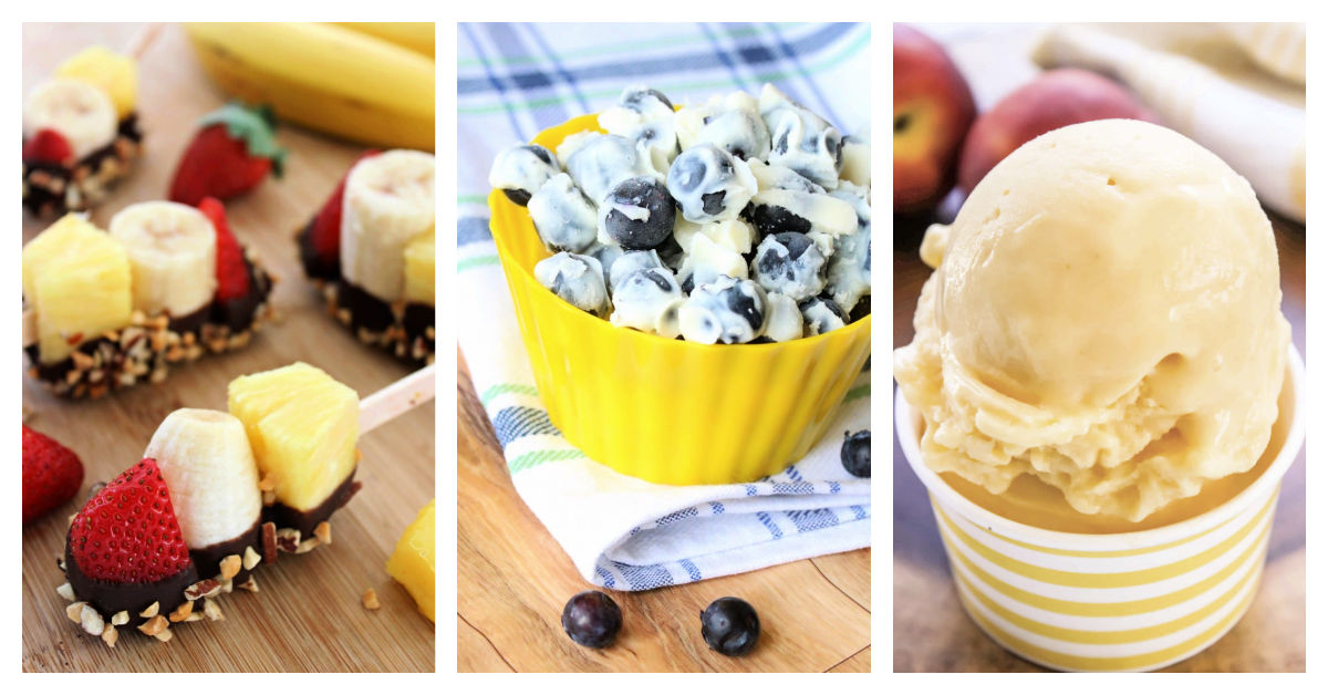 Featured fresh fruit recipes including banana split bites, frozen maple yogourt blueberries, and blender peach ice cream.