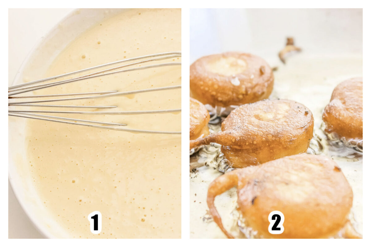 Image 1 showing the batter being prepared in a large bowl. Banana slices being fried in a skillet with oil.