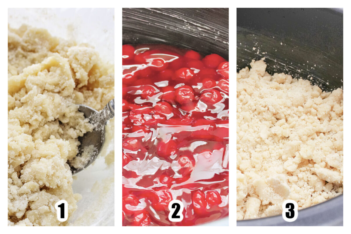 Crumb mixture combined in a bowl. Cherry pie filling layered into the bottom of the crockpot and topped with the crumb mixture.