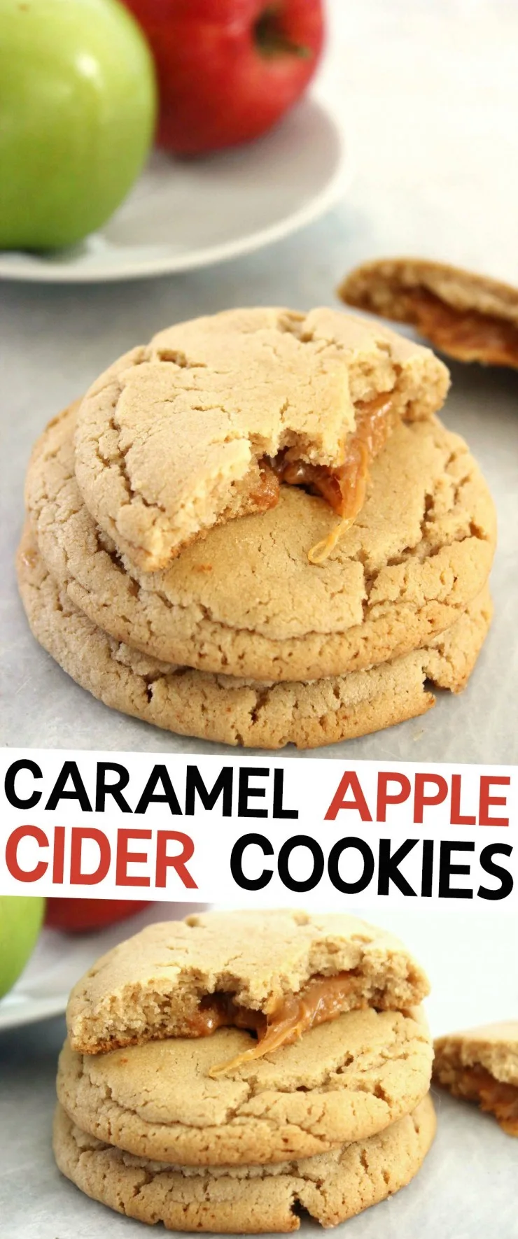 These Caramel Apple Cider Cookies feature an apple cider spiced cookie stuffed with ooey gooey caramel!
