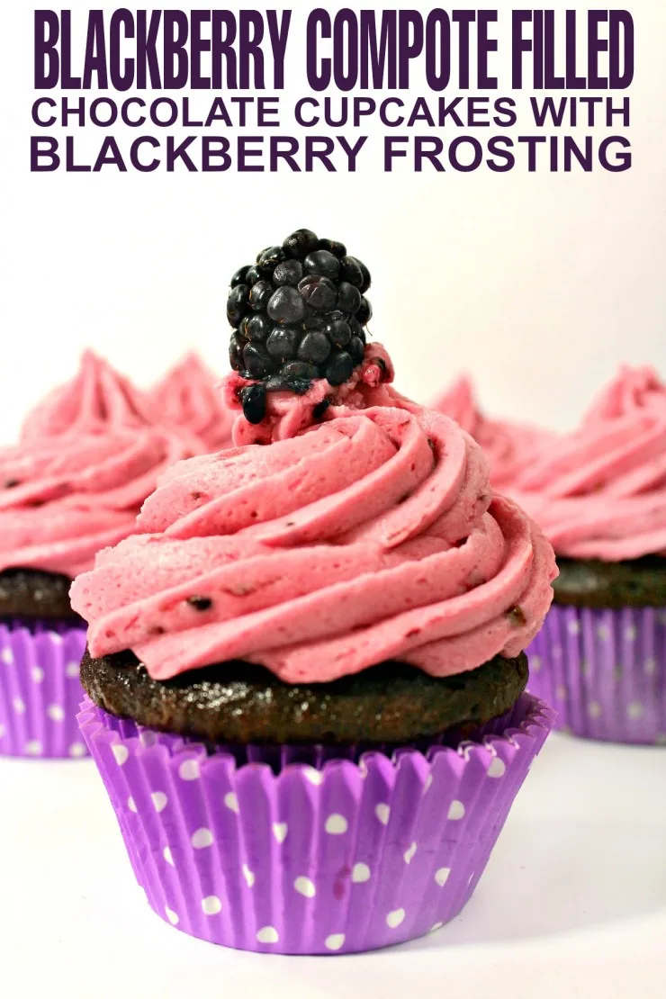 These Blackberry Compote Filled Chocolate Cupcakes with Blackberry Frosting are scrumptious & packed full of fresh fruit! This cupcake recipe is a keeper!
