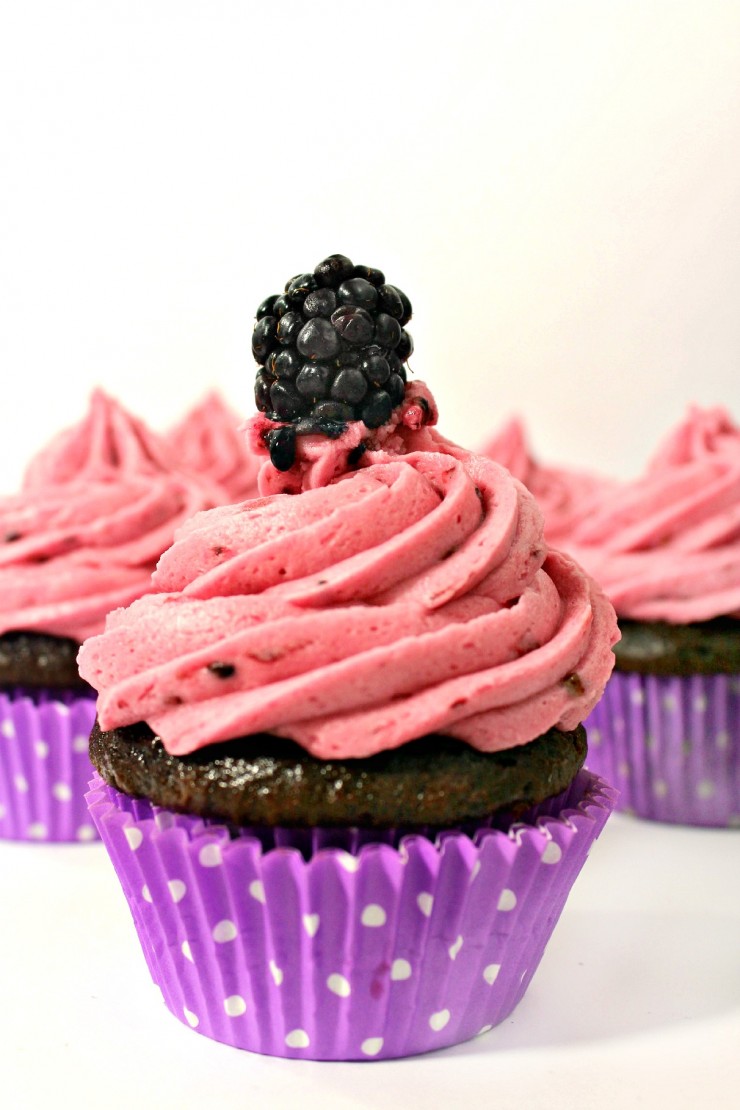 These Blackberry Compote Filled Chocolate Cupcakes with Blackberry Frosting are scrumptious & packed full of fresh fruit! This cupcake recipe is a keeper!
