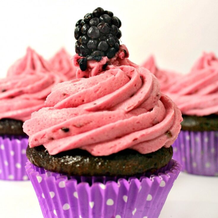 Blackberry Compote Filled Chocolate Cupcakes with Blackberry Frosting