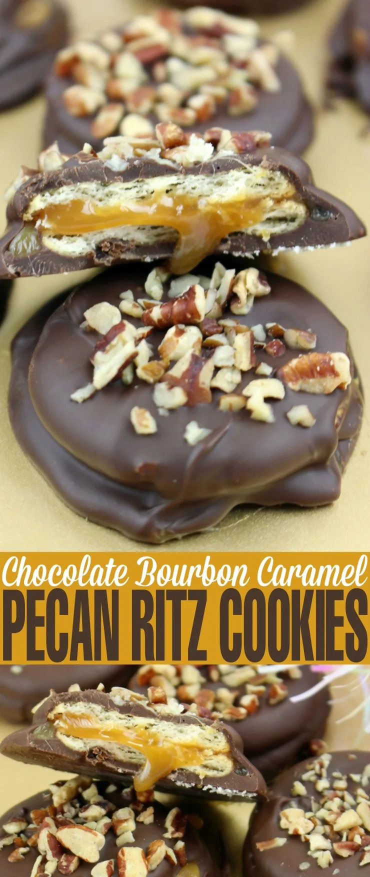 These Chocolate Bourbon Caramel Pecan Ritz Cookies are basically boozy turtle cookies with soft, creamy caramel enrobed in chocolate. 