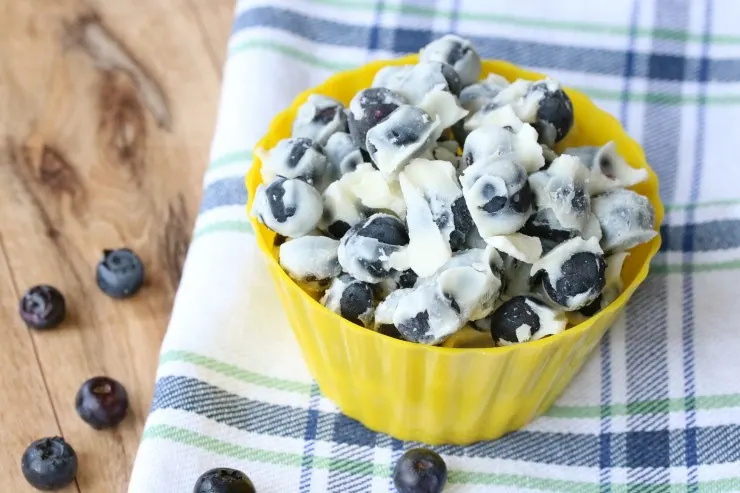 These Frozen Maple Yoghurt Blueberries make for a tasty summer treat. These little blueberry bites are easy to throw together and so very delicious. The yoghurt is a great way to have a more balanced snack with this cool treat.