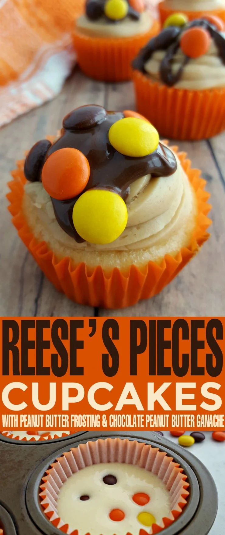  These Reese’s Pieces Cupcakes with Peanut Butter Frosting and Chocolate Peanut Butter Ganache are simply decadent and delicious. There is nothing like chocolate and peanut better and this cupcake is perfect for any sweet tooth.