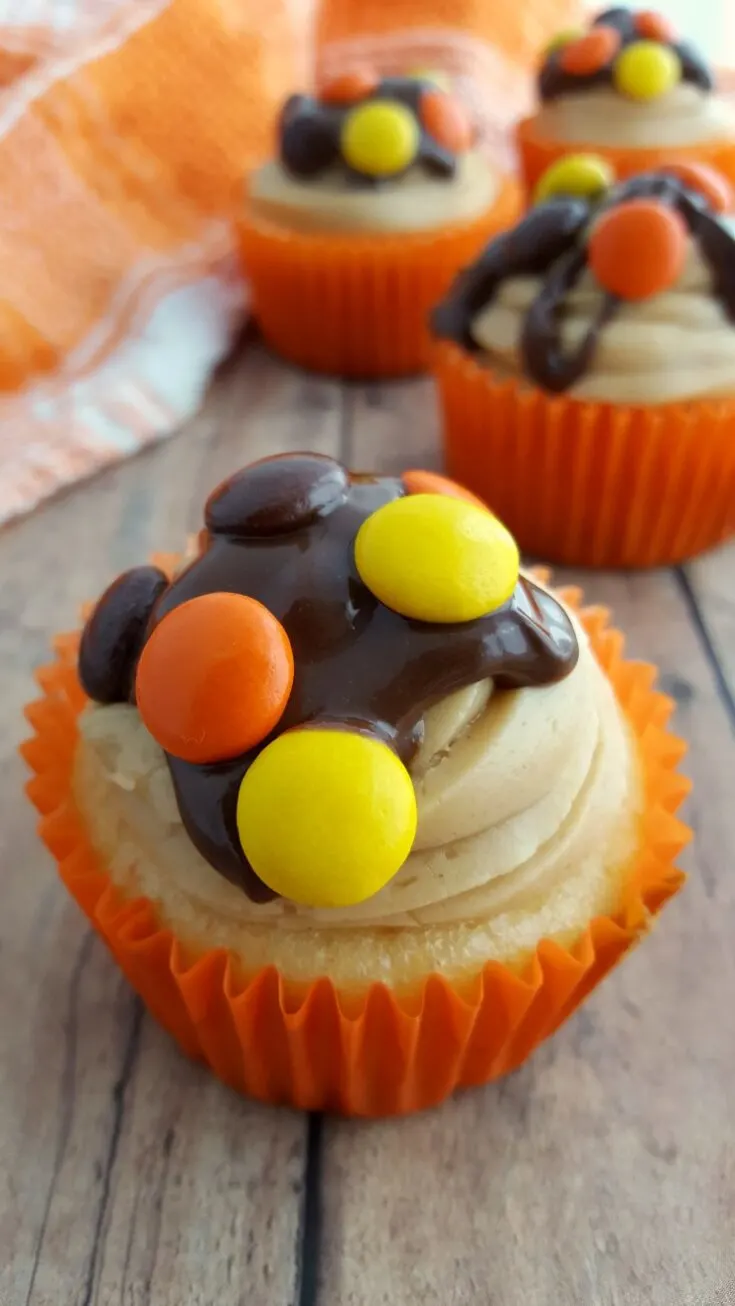 Reese’s Pieces Cupcakes with Peanut Butter Frosting and Chocolate Peanut Butter Ganache