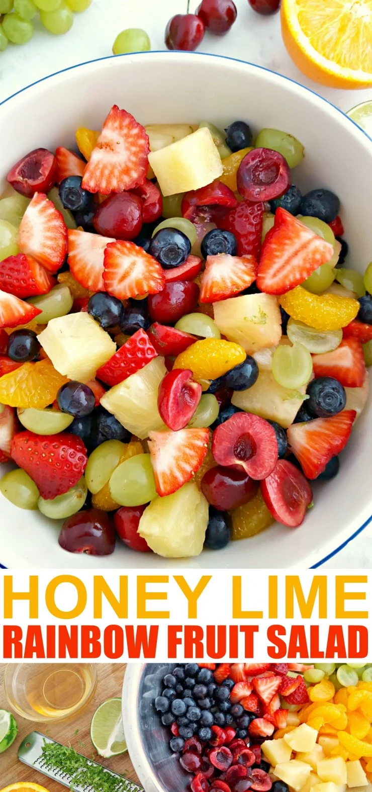 This Honey Lime Rainbow Fruit Salad is a fresh and healthy dessert. Fruit salads are a summer staple and the honey lime dressing on this fruit salad is absolute perfection.
