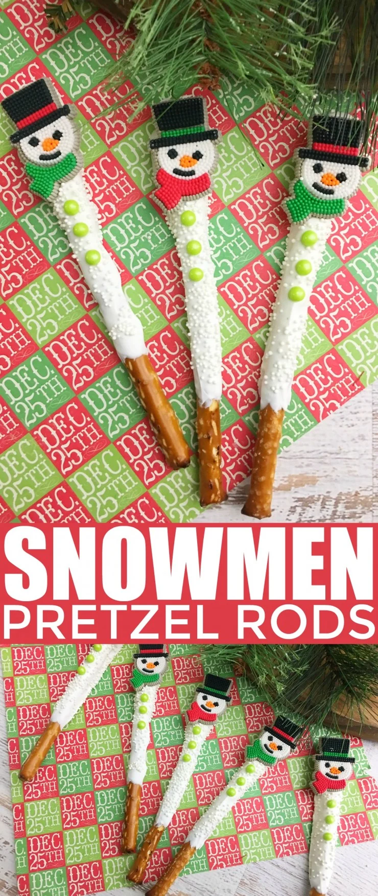 These snowmen pretzel rods are a fun and festive holiday treat. These sweet and salty snacks are great for Christmas parties and super easy to make. A sure way to impress guests!