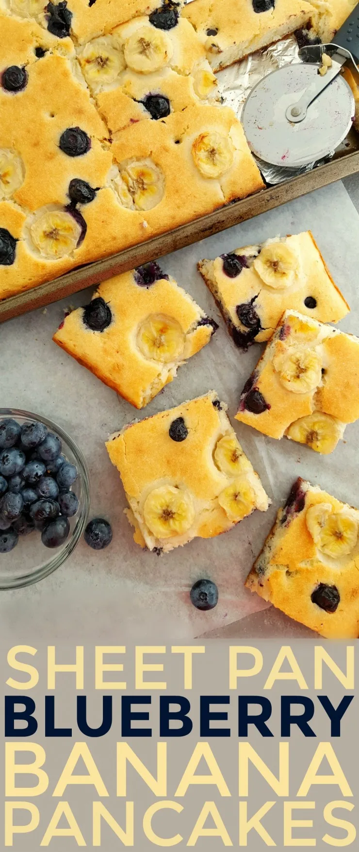 These Sheet Pan Blueberry Banana Pancakes are a great way to make a delicious, no-fuss breakfast for a crowd. 