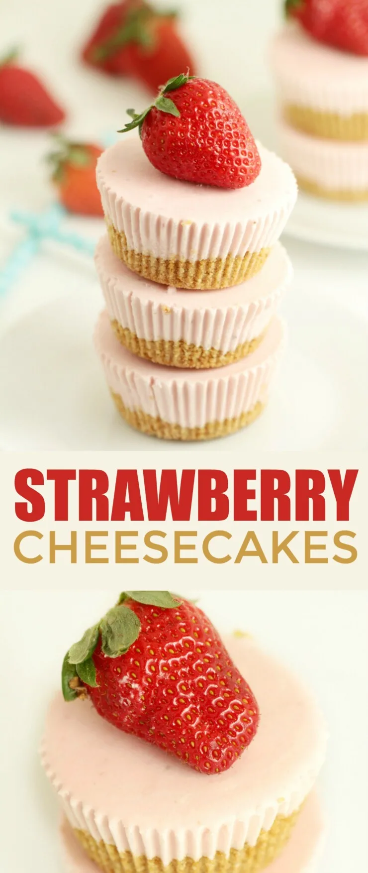  These Mini No Bake Strawberry Cheesecakes are beyond easy to make and are a great dessert year round. They features a buttery cookie crust topped off with a strawberry cheesecake filling – delicious frozen or at room temperature.