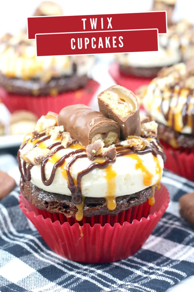 This decadent Twix cupcakes recipe features a from-scratch chocolate cupcake recipe topped with a luscious caramel buttercream.