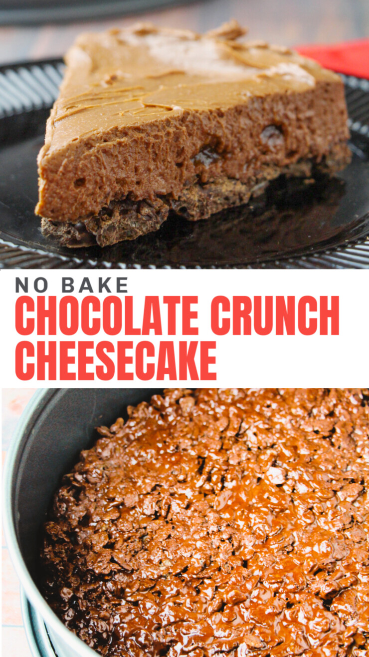 Satisfy all your chocolate cravings with this no-fuss and no-bake Chocolate Crunch Cheesecake. A crunchy chocolate cereal base all topped off with a luscious  chocolate cheesecake filling.