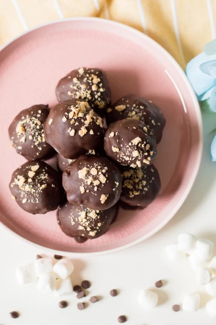 These Cookie Dough S'mores Truffles feature eggless cookie dough, studded with chocolate chips and mini marshmallows, dipped in melted chocolate, and then sprinkled with crushed graham crackers.