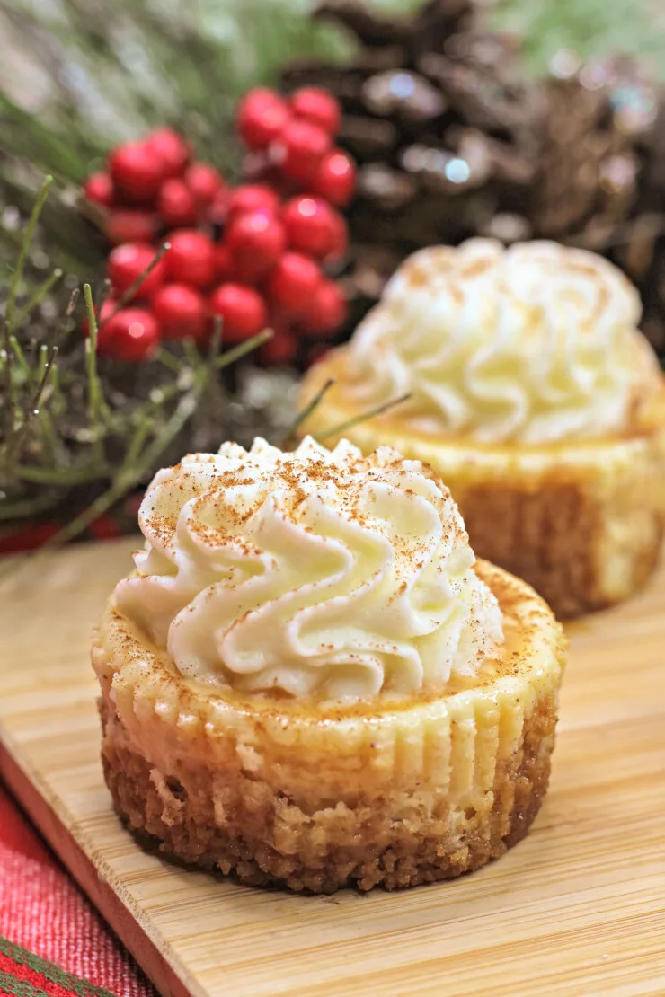 These easy mini Eggnog cheesecakes are festively flavoured for the holiday season and party ready with individual portions.