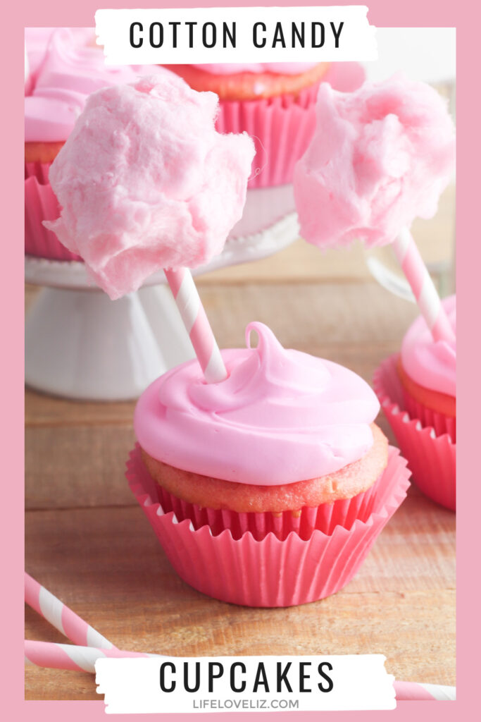 Cotton candy cupcakes featuring a strawberry cake filled with cotton candy and topped with vanilla icing for a fun treat.