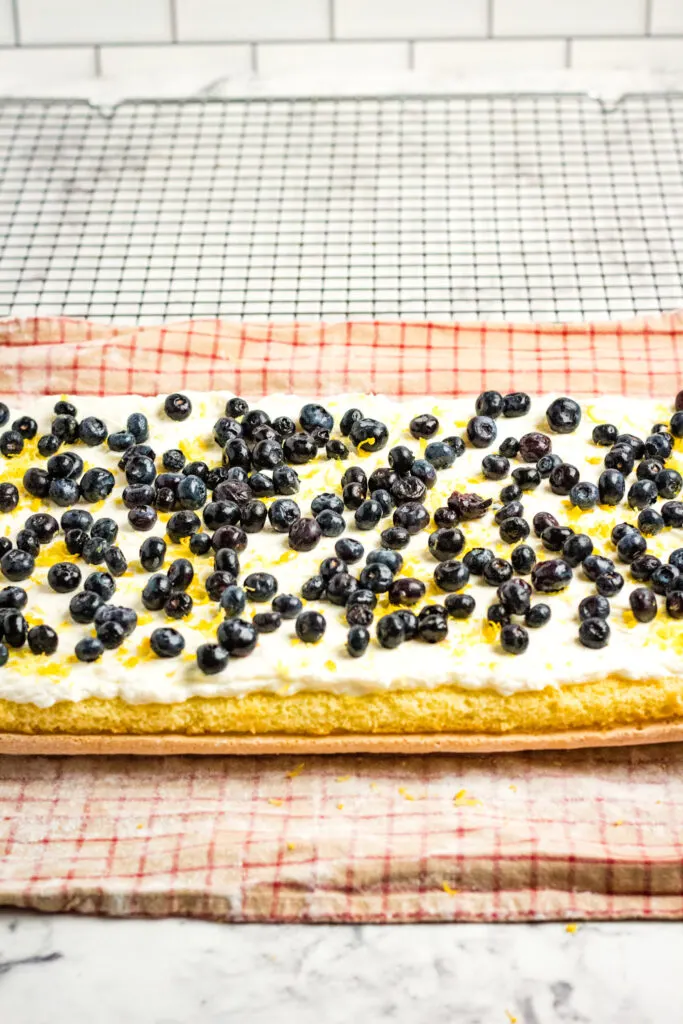 cake roll with filling and blueberries laid out