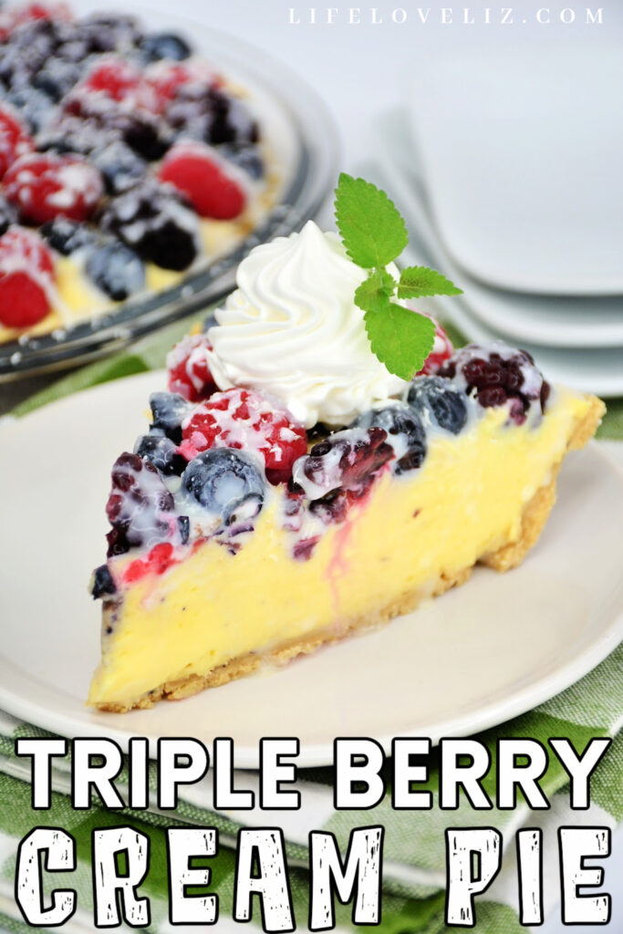 A luscious triple berry cream pie recipe featuring a creamy filling topped with Blackberries, Raspberries & Blueberries covered in chocolate.
