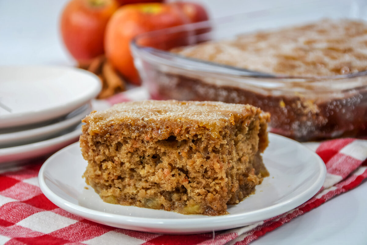 This cinnamon apple cake recipe is sure to become a family favorite! It's loaded with apples and topped off with a sweet sugar crust.
