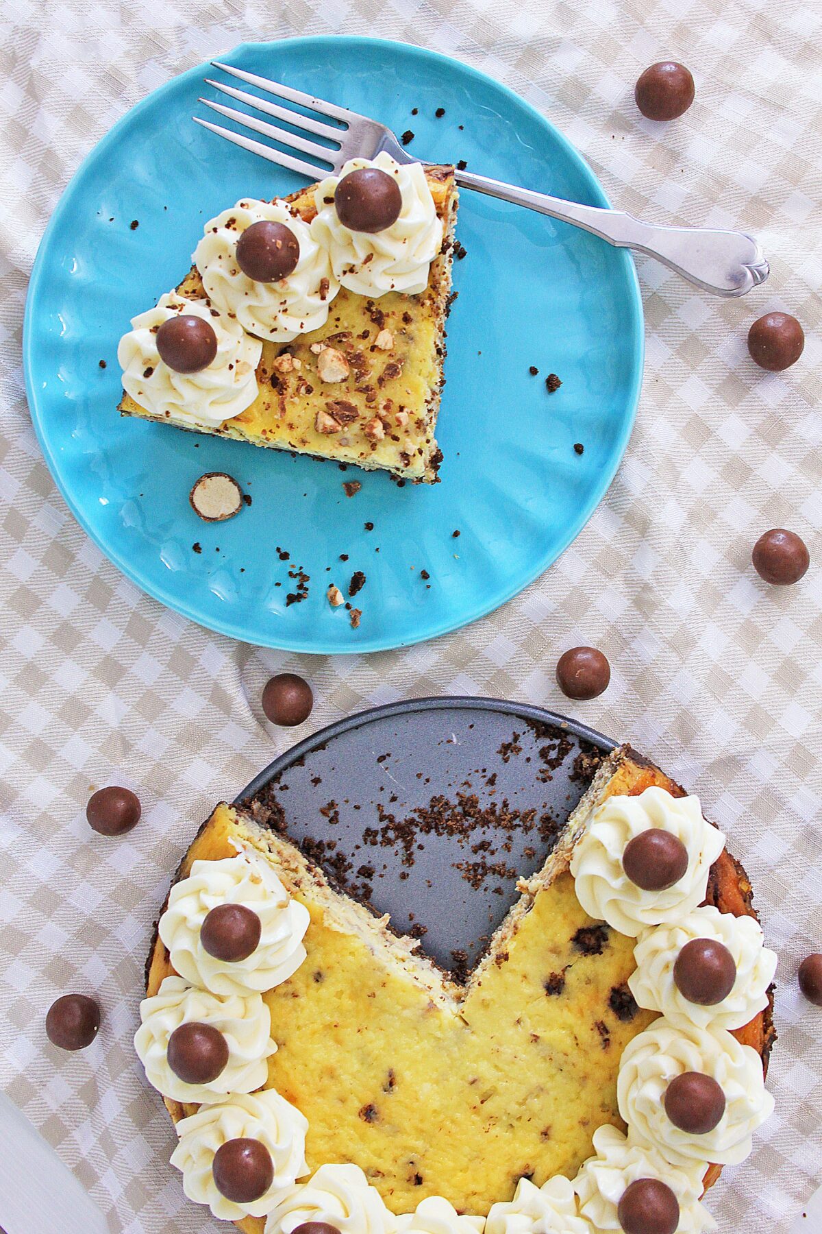 This Instant Pot Malted Milk Ball cheesecake is a creamy and fun dessert filled with whoppers that you can make in less than an hour.