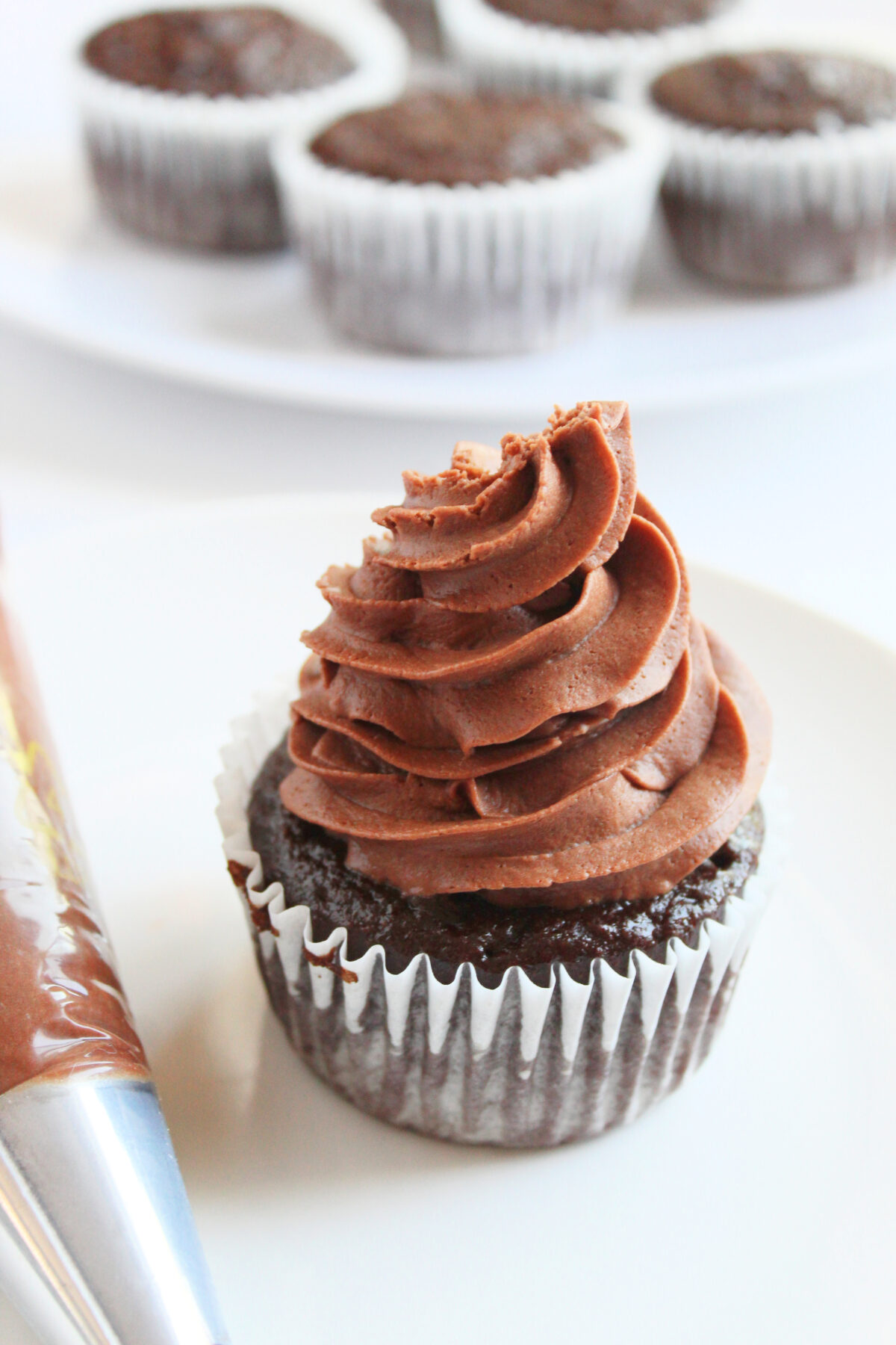 Chocolate buttercream frosting piped onto cupcakes.