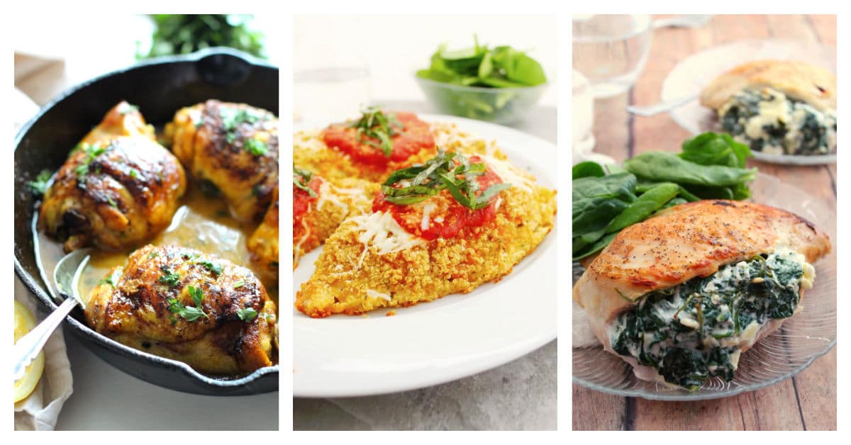 Featured easy chicken dinner recipes including tumeric lemon skillet chicken, quinoa chicken parmesan, and spinach & feta stuffed chicken.