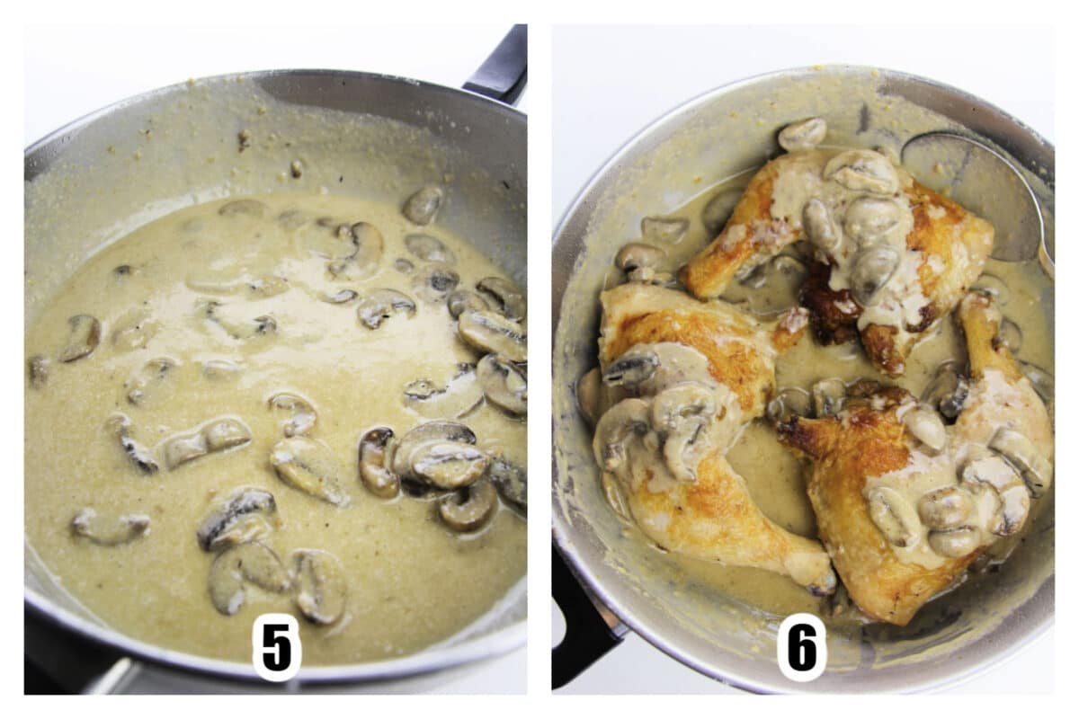 Image 5 - The sauce with cream whisked in. Image 6 - Chicken added back to the skillet with sauce spooned over it.
