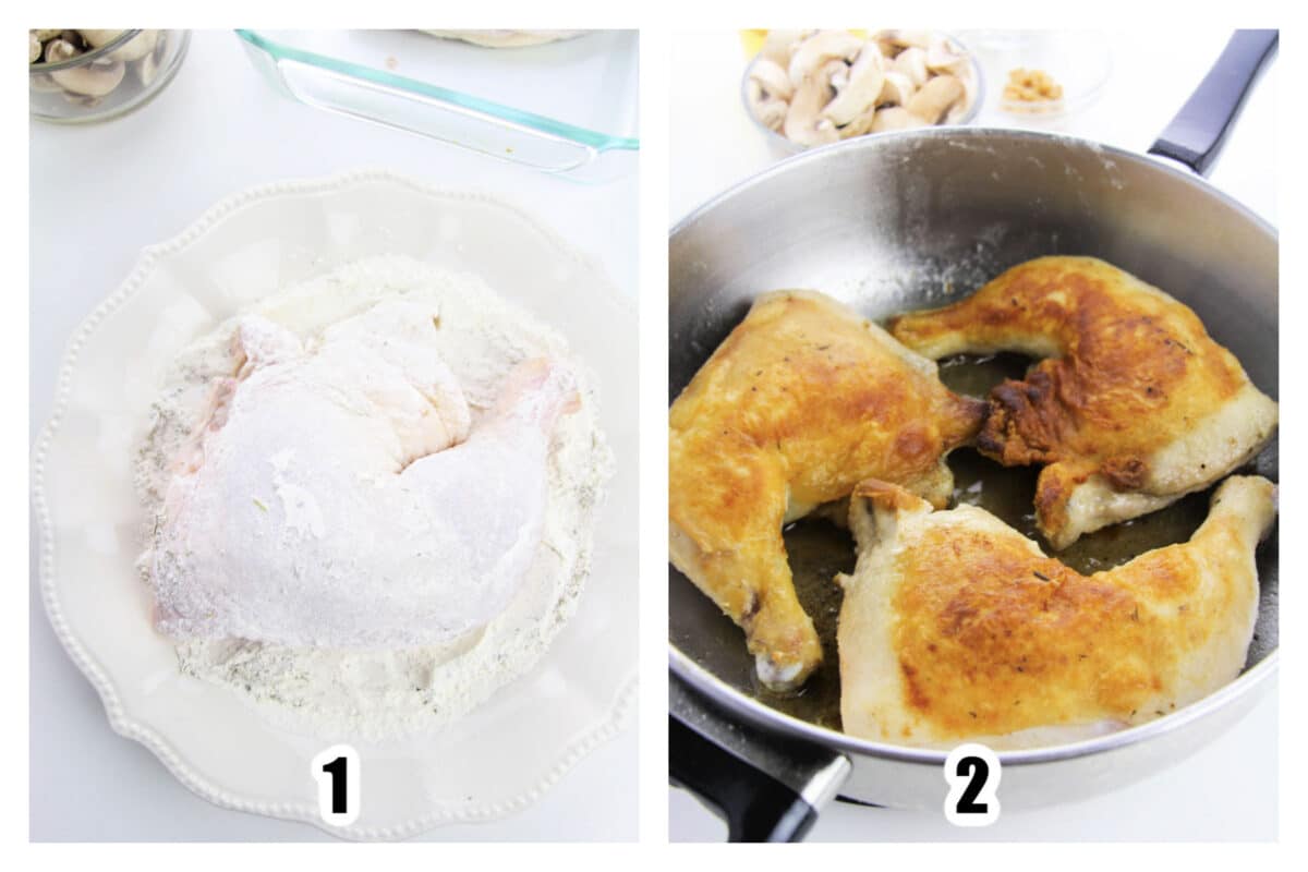 Image 1 - Chicken dredged in the flour mixture. Image 2 - Golden chicken cooked in a large skillet.
