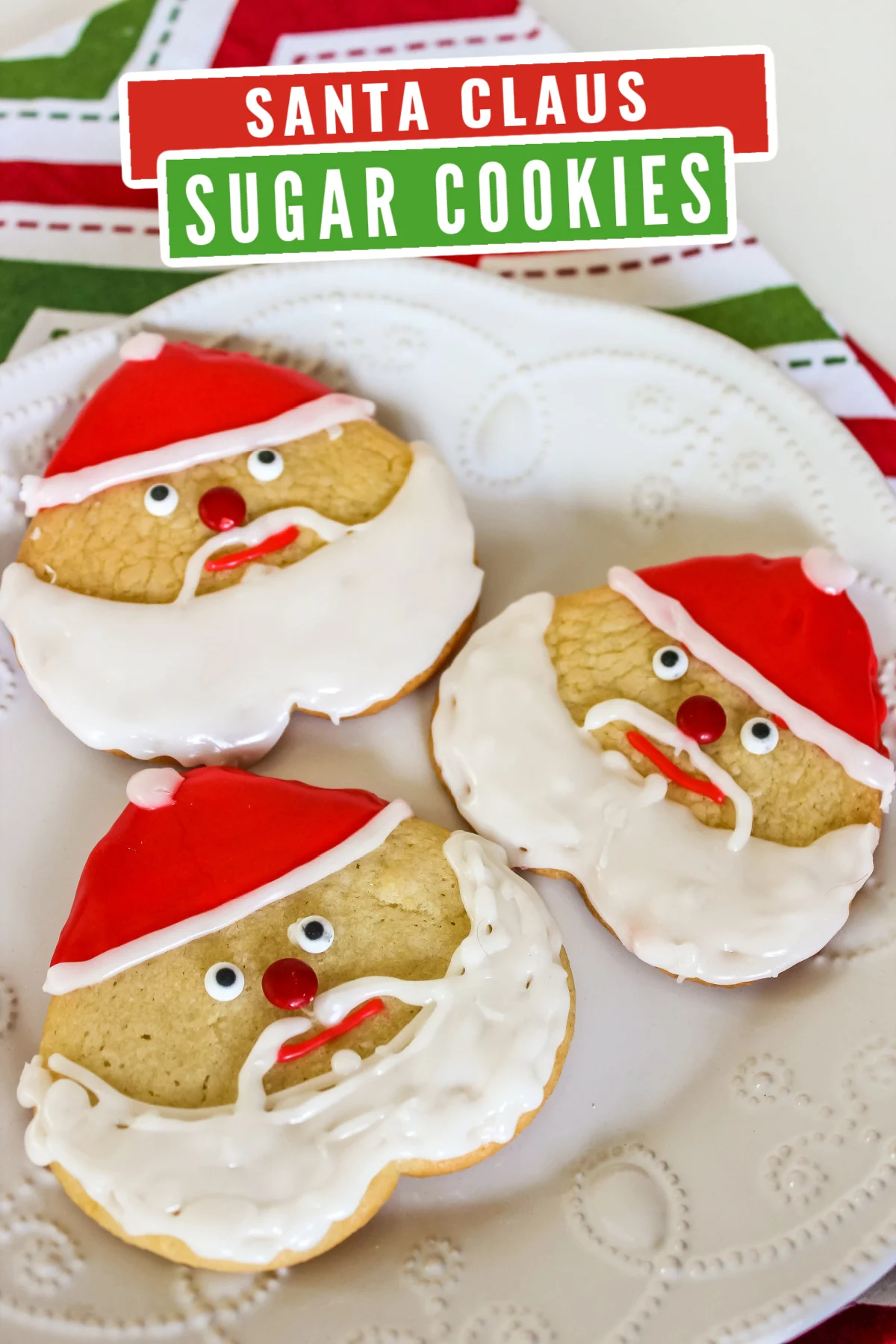 These Santa Sugar Cookies are deceptively easy to put together and look fabulous on your Christmas Cookie Plate!
