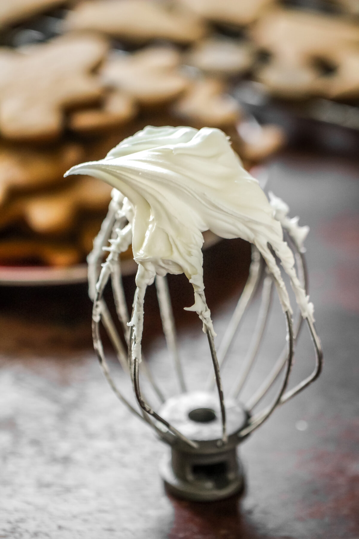 Royal icing on a stand mixer whisk attatchment.