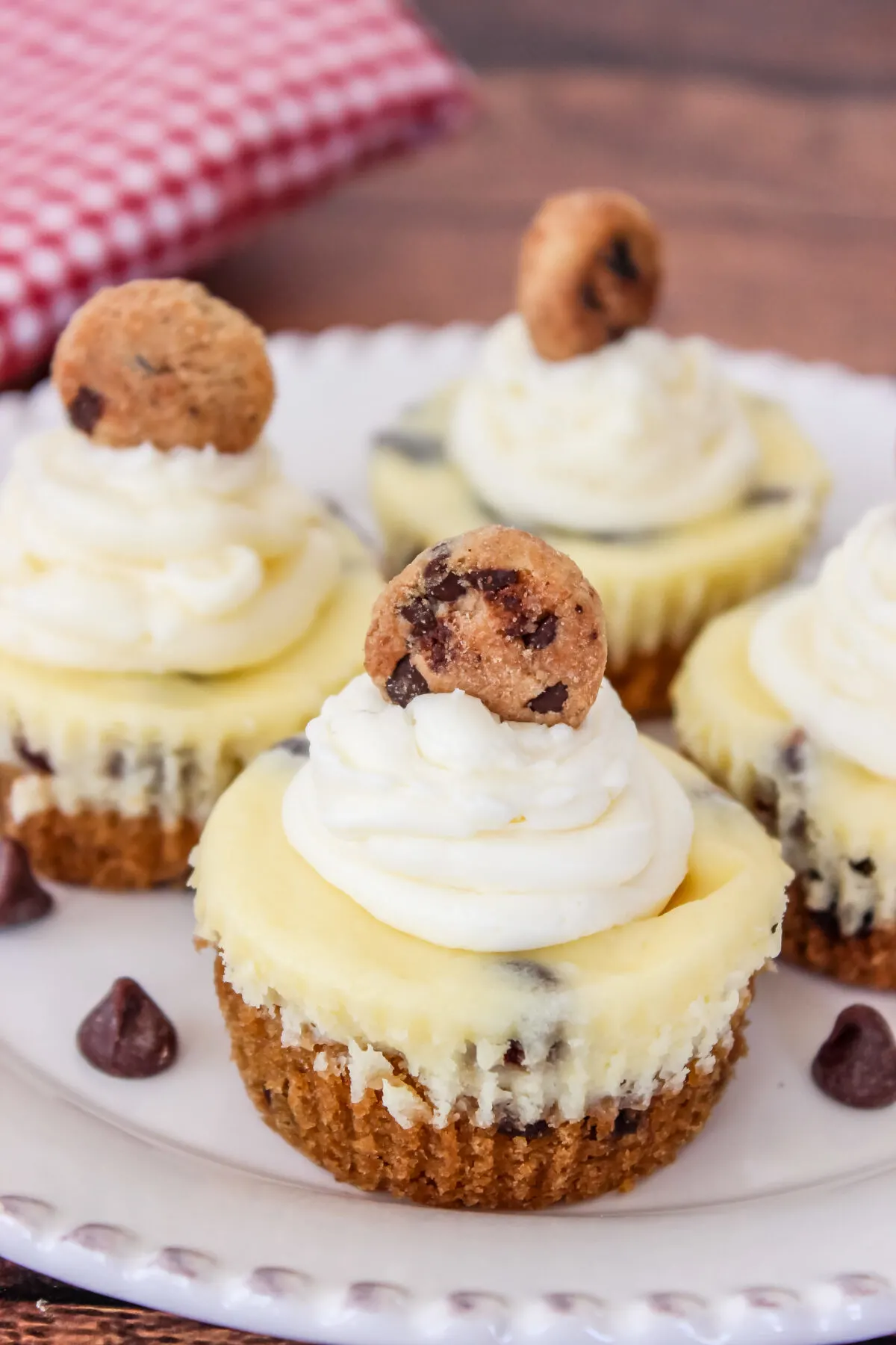 Chocolate Chip Cookie Mini Cheesecakes combine the flavours of chocolate chip cookies with a creamy cheesecake filling.