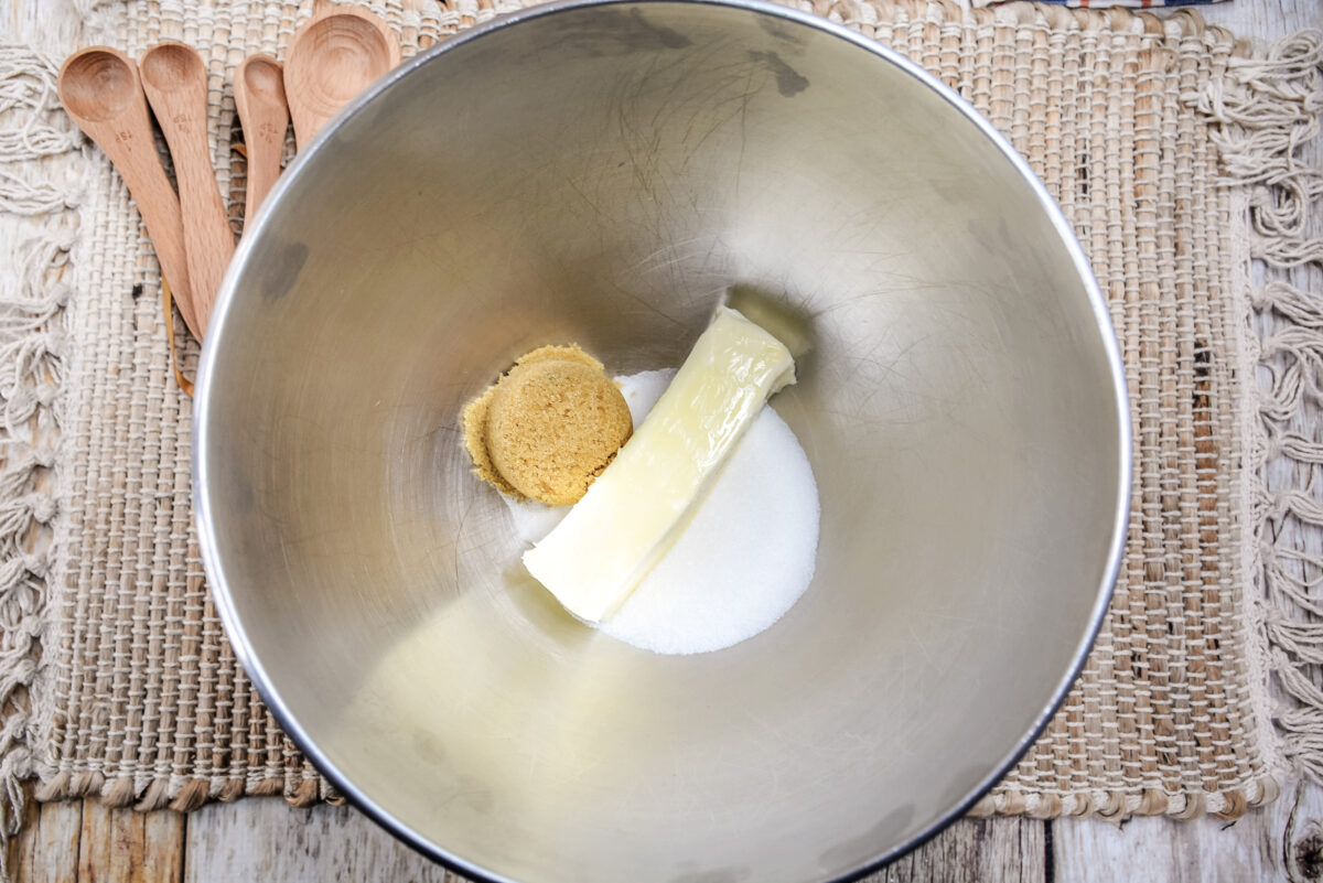 Sugars and butter in a large mixing bowl.
