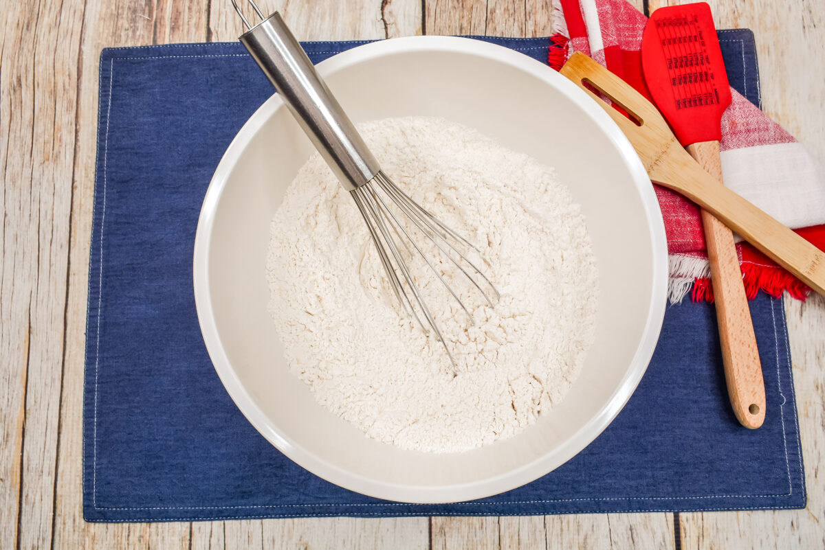 Dry ingredients combined in a large mixing bowl.