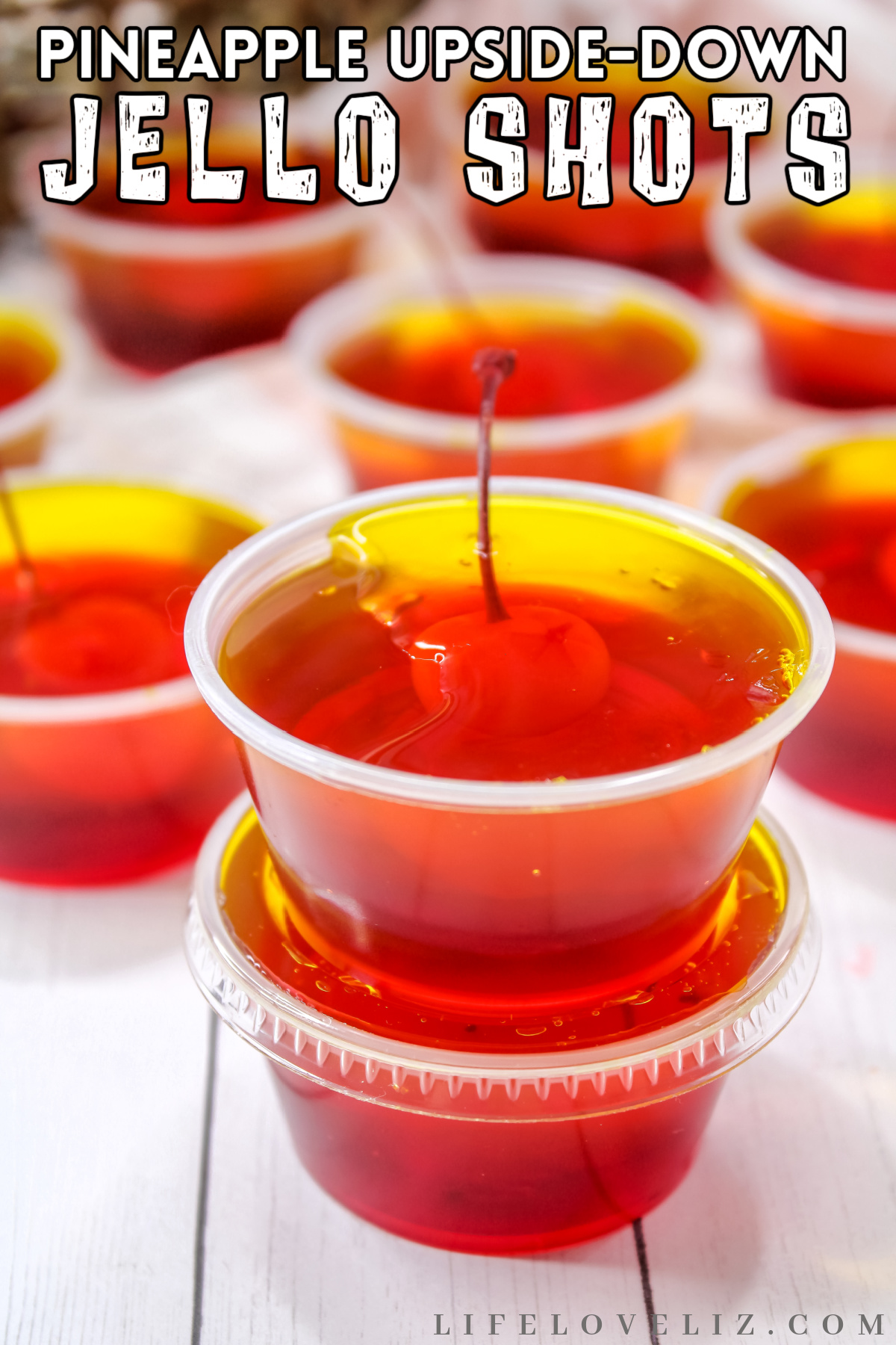These pineapple upside-down jello shots are a take on traditional pineapple upside down cakes. They're perfect for any party or get together!