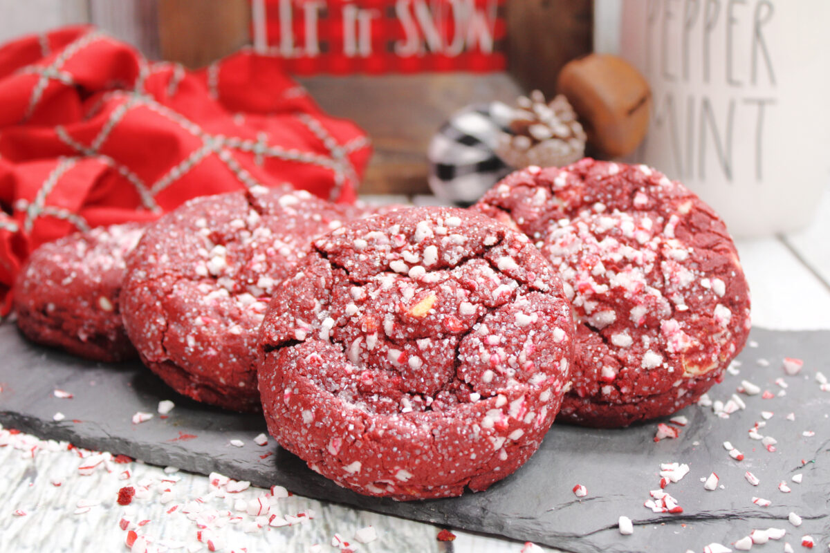 These candy cane stuffed red velvet cookies are a festive addition to your holiday party or cookie exchange!