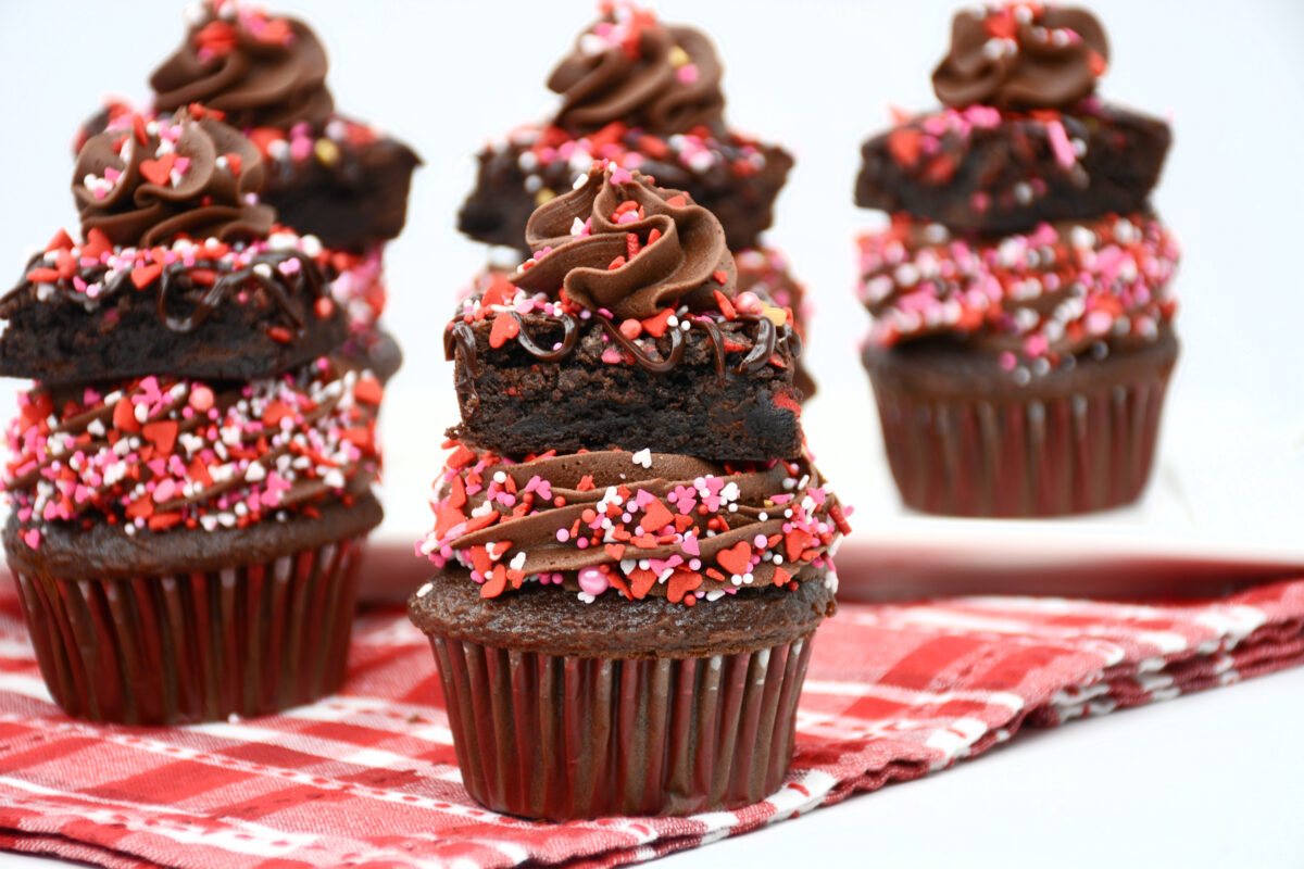 These over-the-top, delicious chocolate brownie Valentine's Day cupcakes are the perfect way to show your loved ones how much you care!