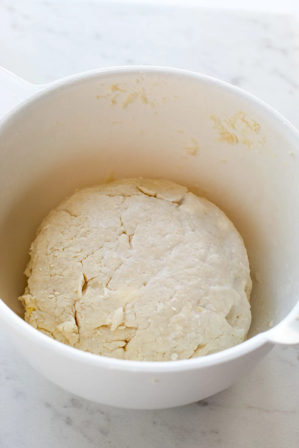 Dough worked into a bowl.