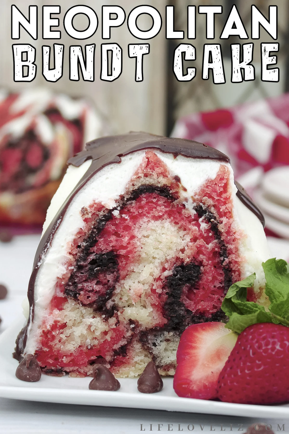 Bake this delicious and easy-to-make Neapolitan Bundt cake with a vanilla glaze, all topped off with chocolate ganache for extra decadence.