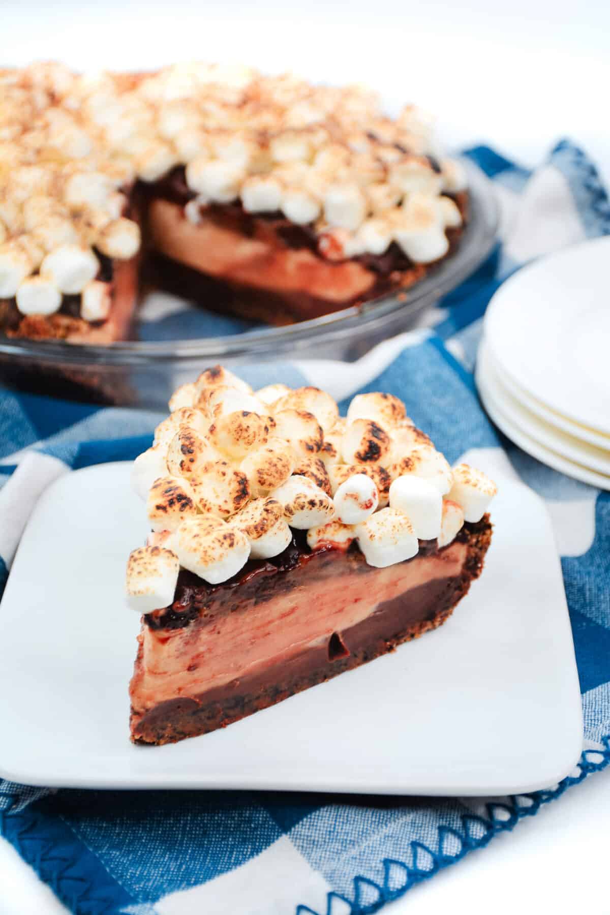 Indulge in our Texas Flood Pie recipe - layers of chocolate ganache and peanut butter mousse all topped with a heap of toasted marshmallows!
