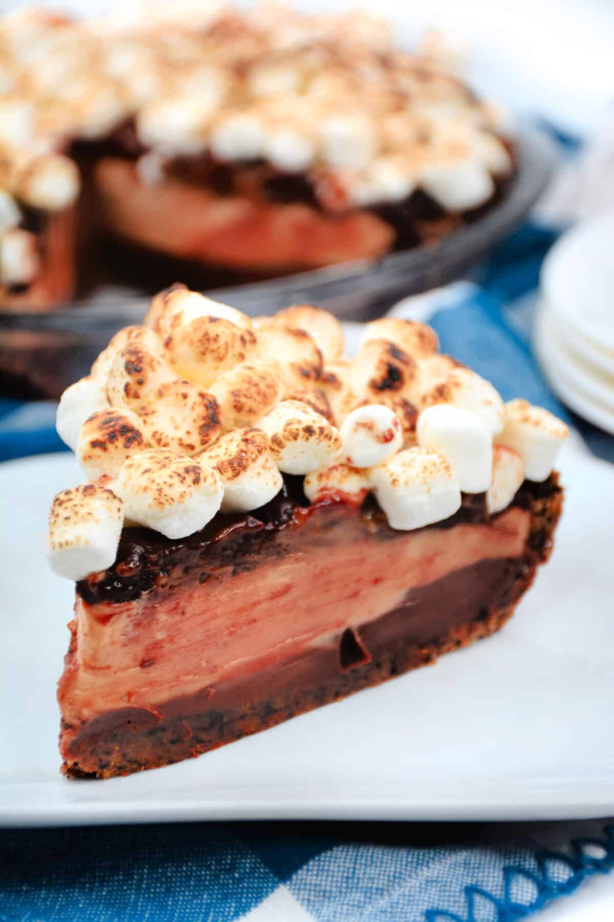 Indulge in our Texas Flood Pie recipe - layers of chocolate ganache and peanut butter mousse all topped with a heap of toasted marshmallows!