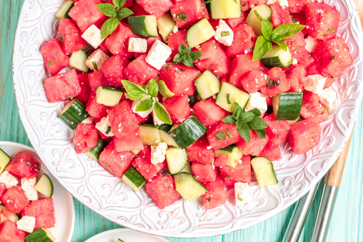 Stay cool on hot days with this delicious, refreshing summer recipe for watermelon salad with feta and cucumber. It's bursting with flavour!