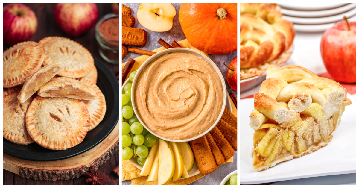 Featured fall dessert recipes including apple hand pies, pumpkin cream cheese dip, and salted caramel apple pretzel pie.